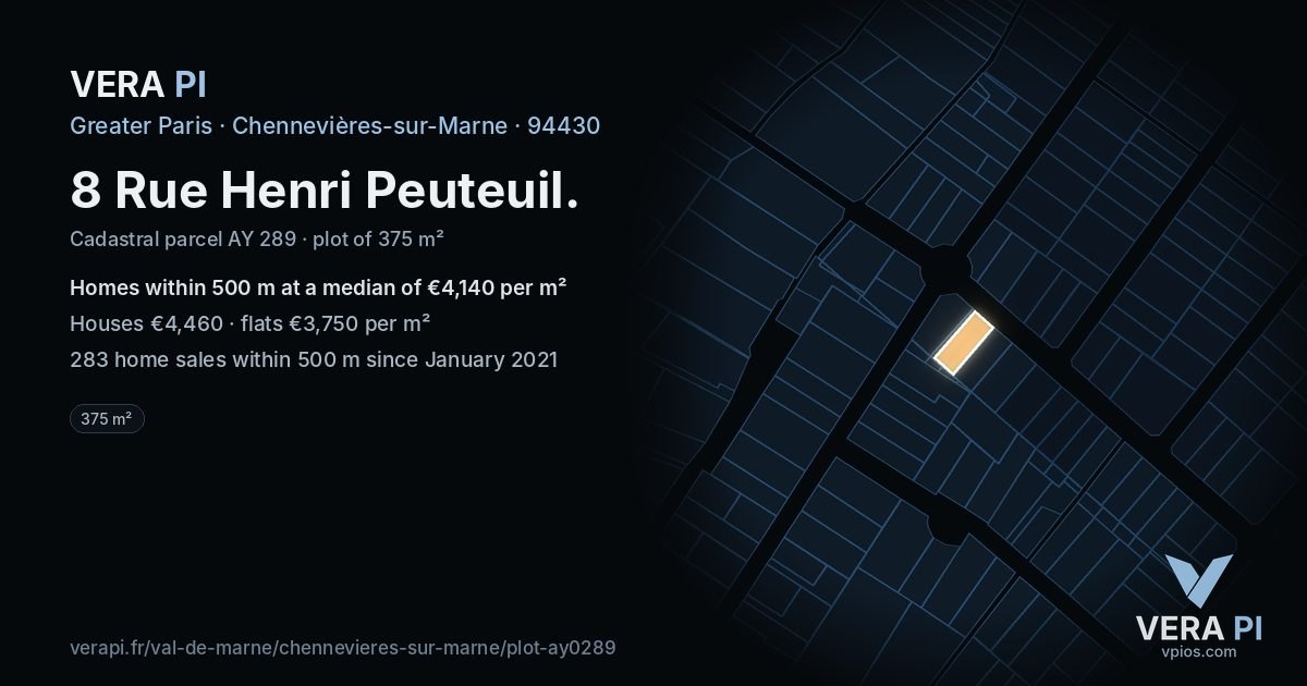 8 Rue Henri Peuteuil, Chennevières-sur-Marne at night – the plot lit, the parcels around coloured by the prices near them