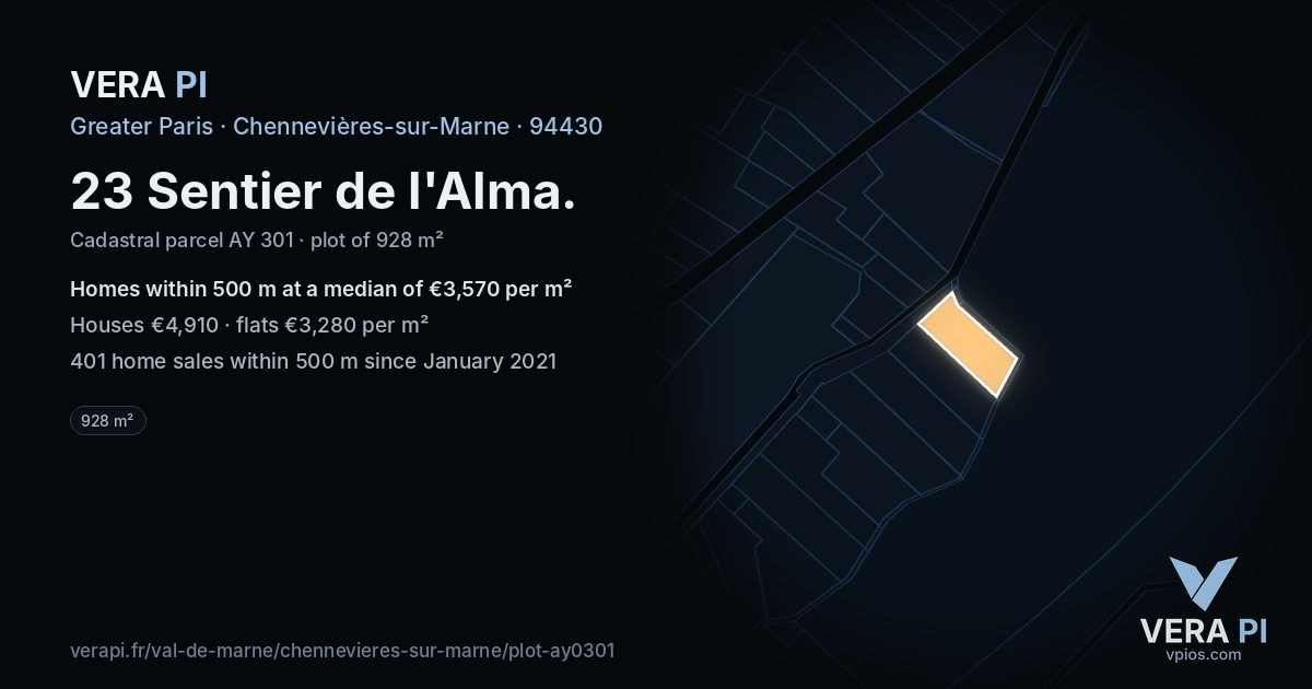 23 Sentier de l'Alma, Chennevières-sur-Marne at night – the plot lit, the parcels around coloured by the prices near them