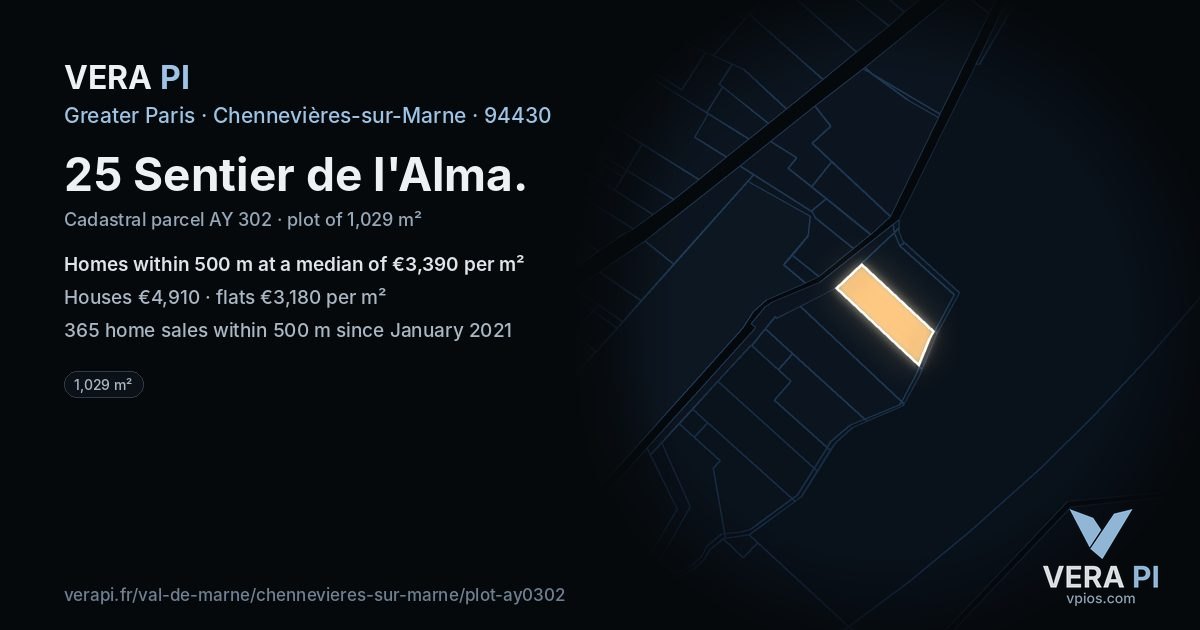 25 Sentier de l'Alma, Chennevières-sur-Marne at night – the plot lit, the parcels around coloured by the prices near them