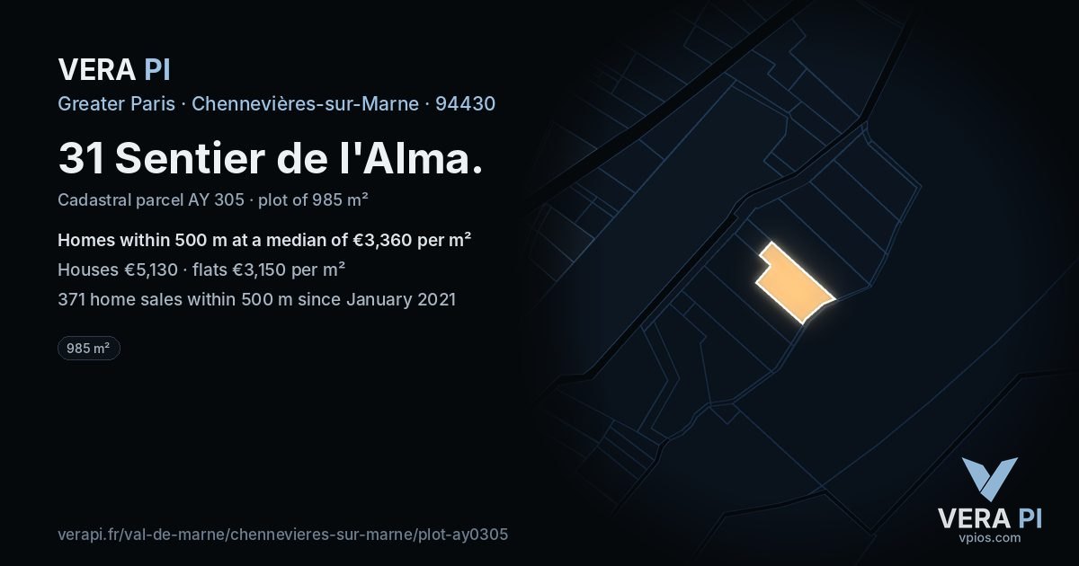 31 Sentier de l'Alma, Chennevières-sur-Marne at night – the plot lit, the parcels around coloured by the prices near them