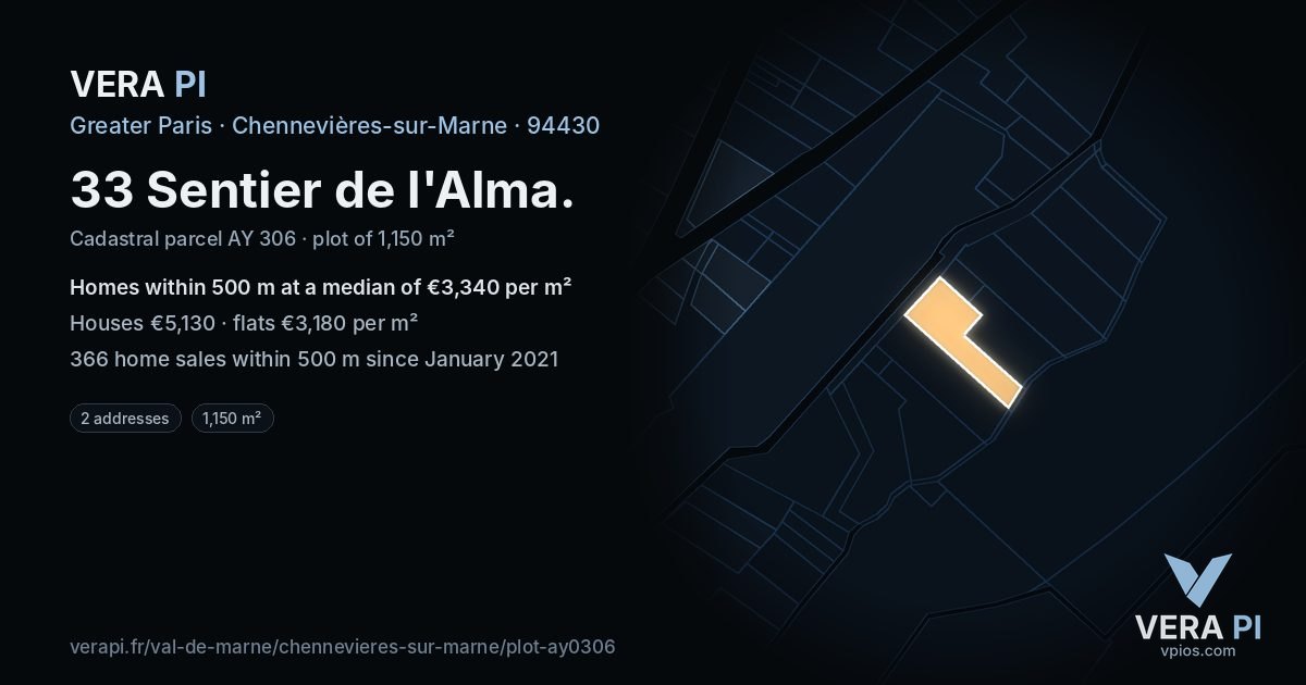 33 Sentier de l'Alma, Chennevières-sur-Marne at night – the plot lit, the parcels around coloured by the prices near them