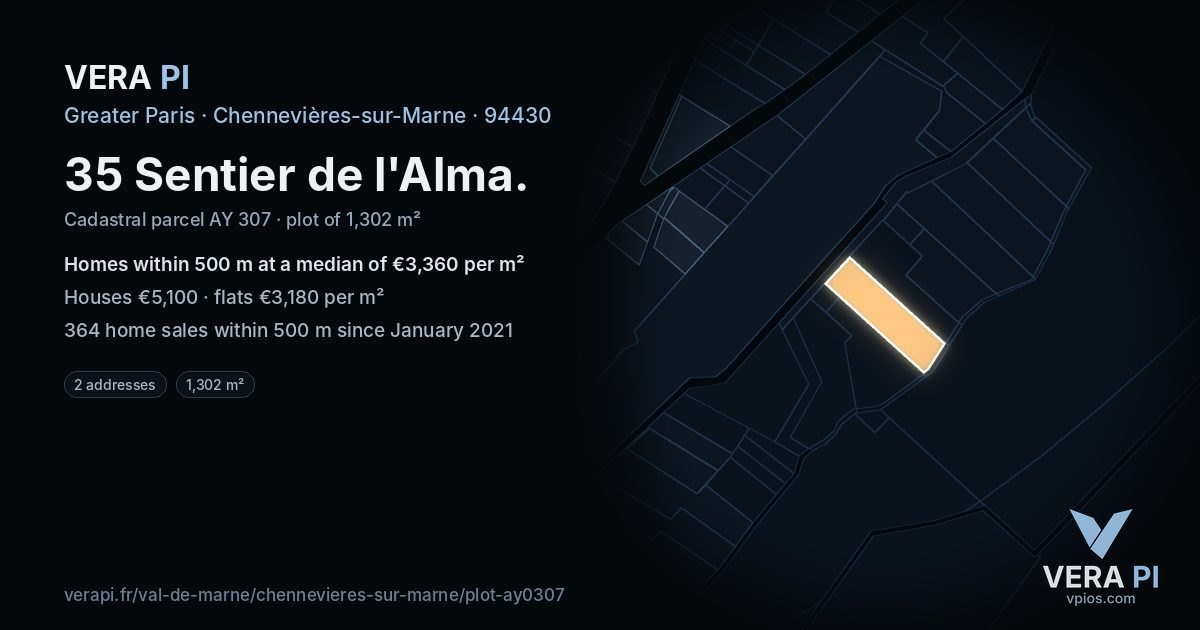 35 Sentier de l'Alma, Chennevières-sur-Marne at night – the plot lit, the parcels around coloured by the prices near them