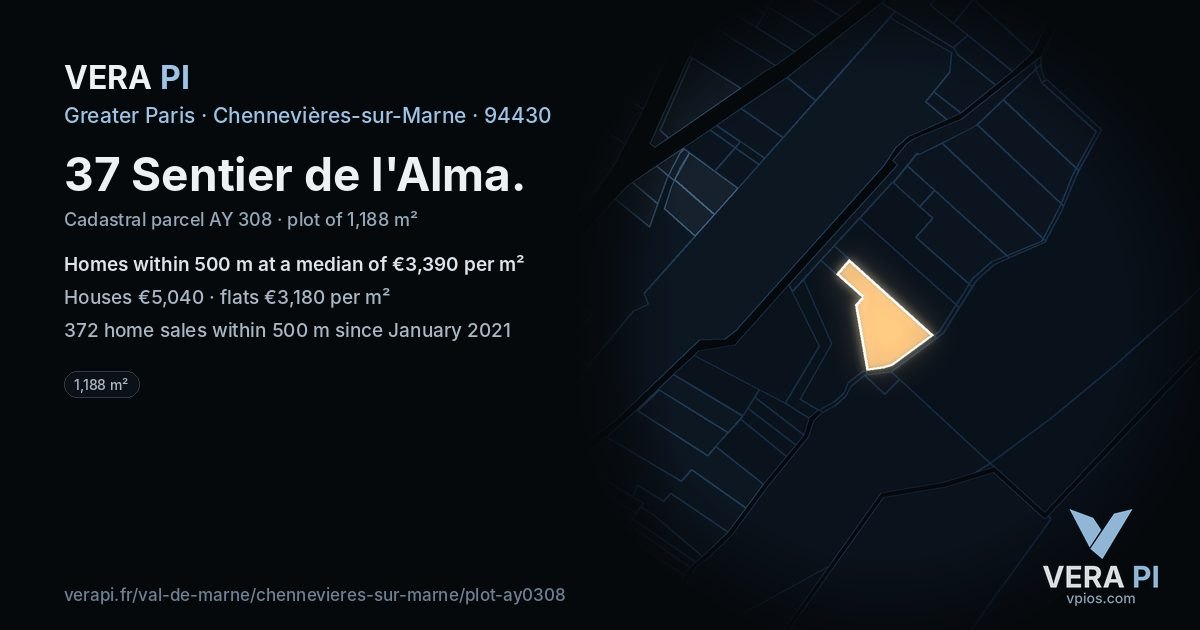 37 Sentier de l'Alma, Chennevières-sur-Marne at night – the plot lit, the parcels around coloured by the prices near them