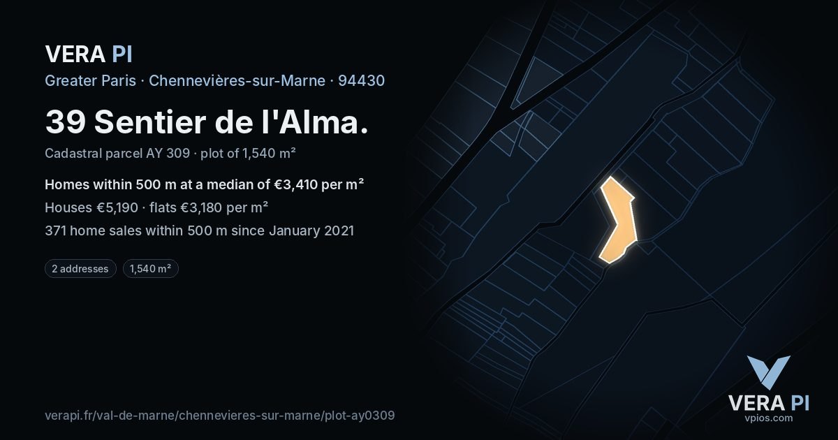 39 Sentier de l'Alma, Chennevières-sur-Marne at night – the plot lit, the parcels around coloured by the prices near them