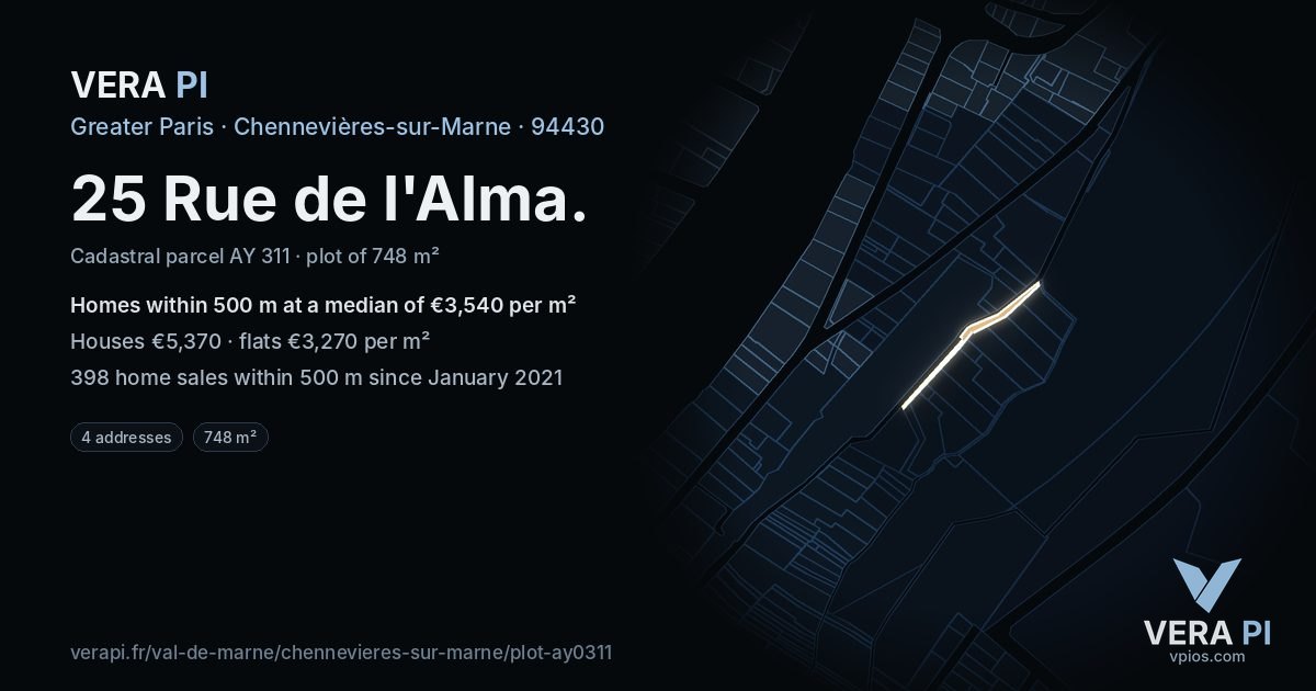 25 Rue de l'Alma, Chennevières-sur-Marne at night – the plot lit, the parcels around coloured by the prices near them