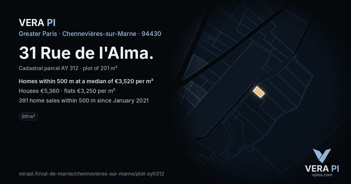 31 Rue de l'Alma, Chennevières-sur-Marne at night – the plot lit, the parcels around coloured by the prices near them