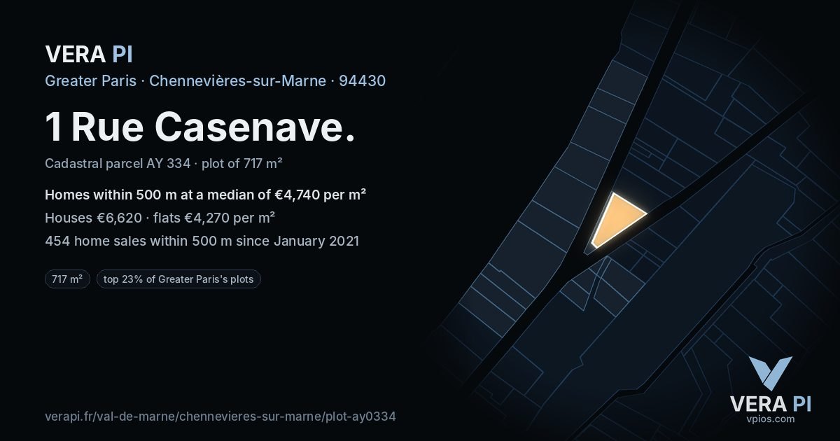 1 Rue Casenave, Chennevières-sur-Marne at night – the plot lit, the parcels around coloured by the prices near them