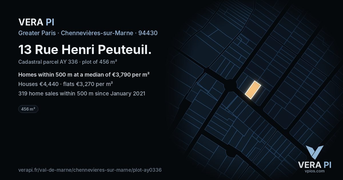 13 Rue Henri Peuteuil, Chennevières-sur-Marne at night – the plot lit, the parcels around coloured by the prices near them