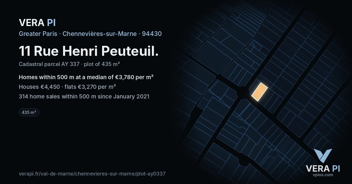 11 Rue Henri Peuteuil, Chennevières-sur-Marne at night – the plot lit, the parcels around coloured by the prices near them
