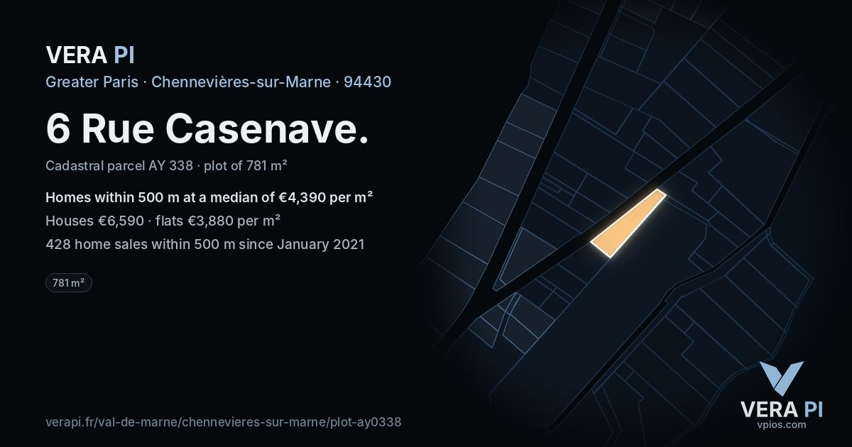 6 Rue Casenave, Chennevières-sur-Marne at night – the plot lit, the parcels around coloured by the prices near them