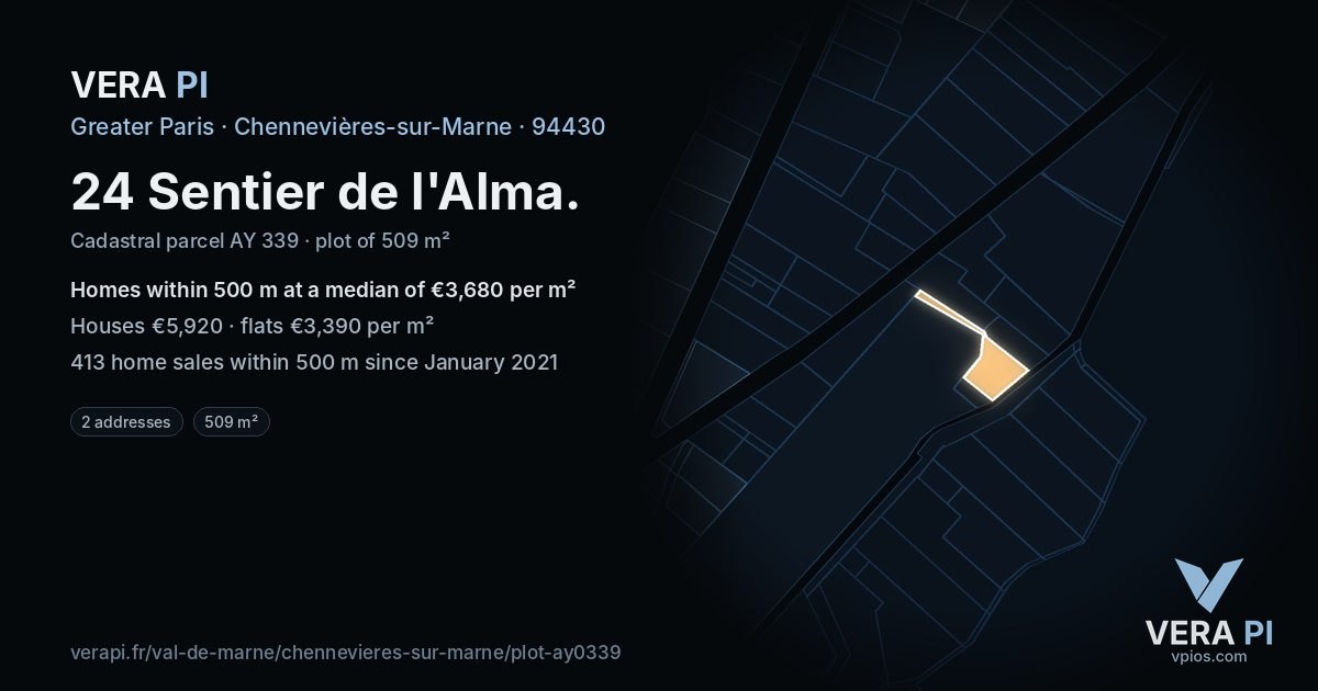 24 Sentier de l'Alma, Chennevières-sur-Marne at night – the plot lit, the parcels around coloured by the prices near them