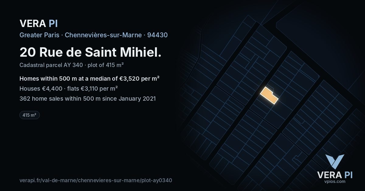 20 Rue de Saint Mihiel, Chennevières-sur-Marne at night – the plot lit, the parcels around coloured by the prices near them