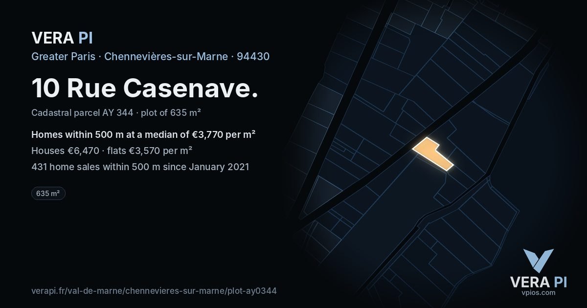 10 Rue Casenave, Chennevières-sur-Marne at night – the plot lit, the parcels around coloured by the prices near them