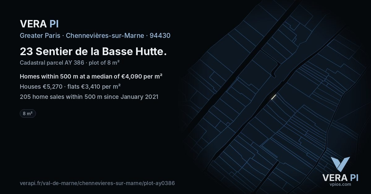 23 Sentier de la Basse Hutte, Chennevières-sur-Marne at night – the plot lit, the parcels around coloured by the prices near them