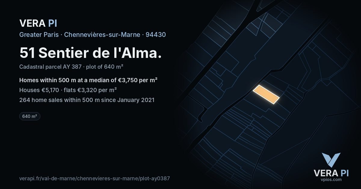 51 Sentier de l'Alma, Chennevières-sur-Marne at night – the plot lit, the parcels around coloured by the prices near them