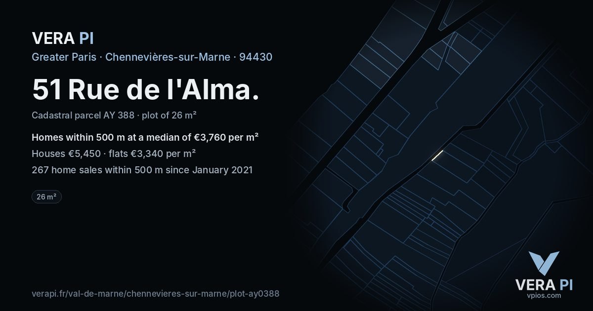 51 Rue de l'Alma, Chennevières-sur-Marne at night – the plot lit, the parcels around coloured by the prices near them