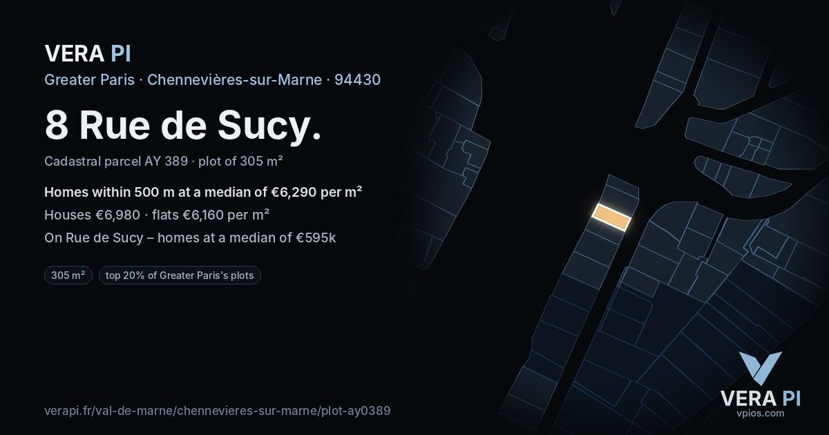 8 Rue de Sucy, Chennevières-sur-Marne at night – the plot lit, the parcels around coloured by the prices near them