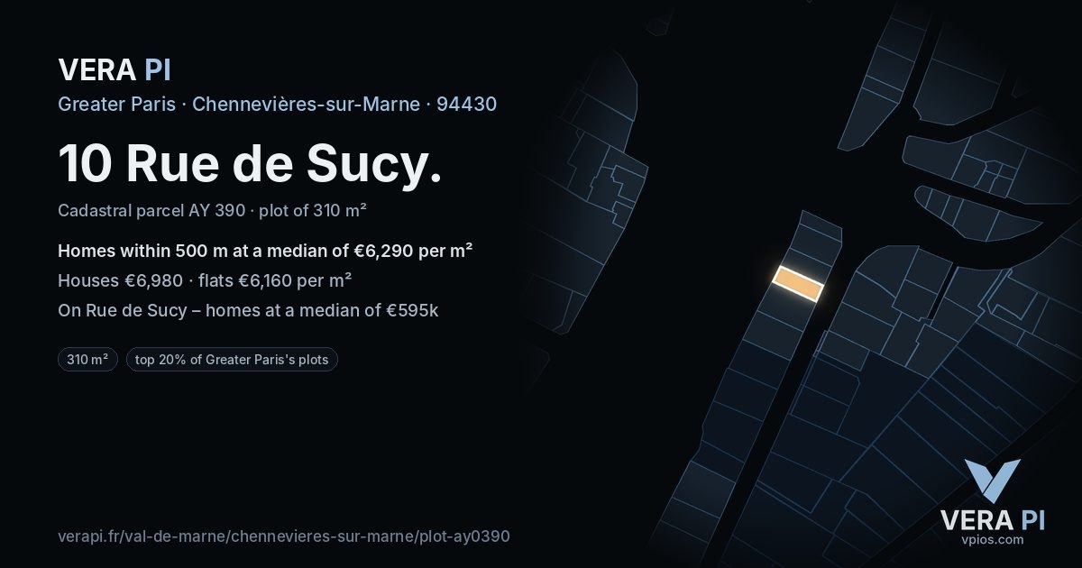 10 Rue de Sucy, Chennevières-sur-Marne at night – the plot lit, the parcels around coloured by the prices near them