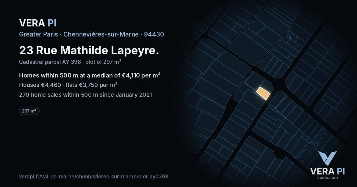 23 Rue Mathilde Lapeyre, Chennevières-sur-Marne at night – the plot lit, the parcels around coloured by the prices near them