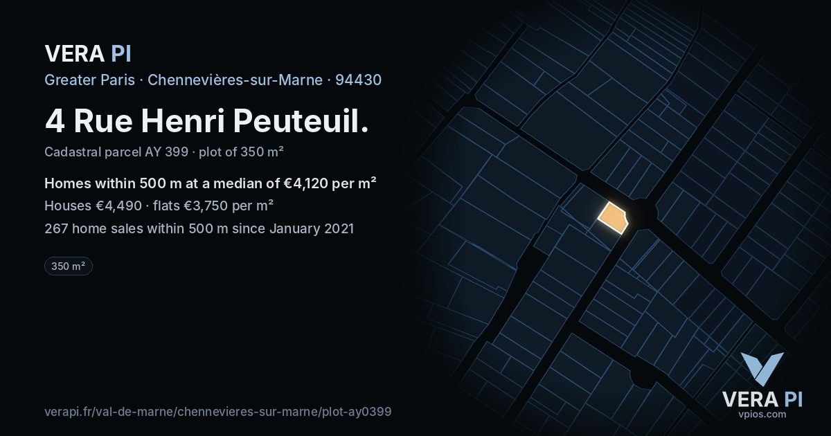 4 Rue Henri Peuteuil, Chennevières-sur-Marne at night – the plot lit, the parcels around coloured by the prices near them