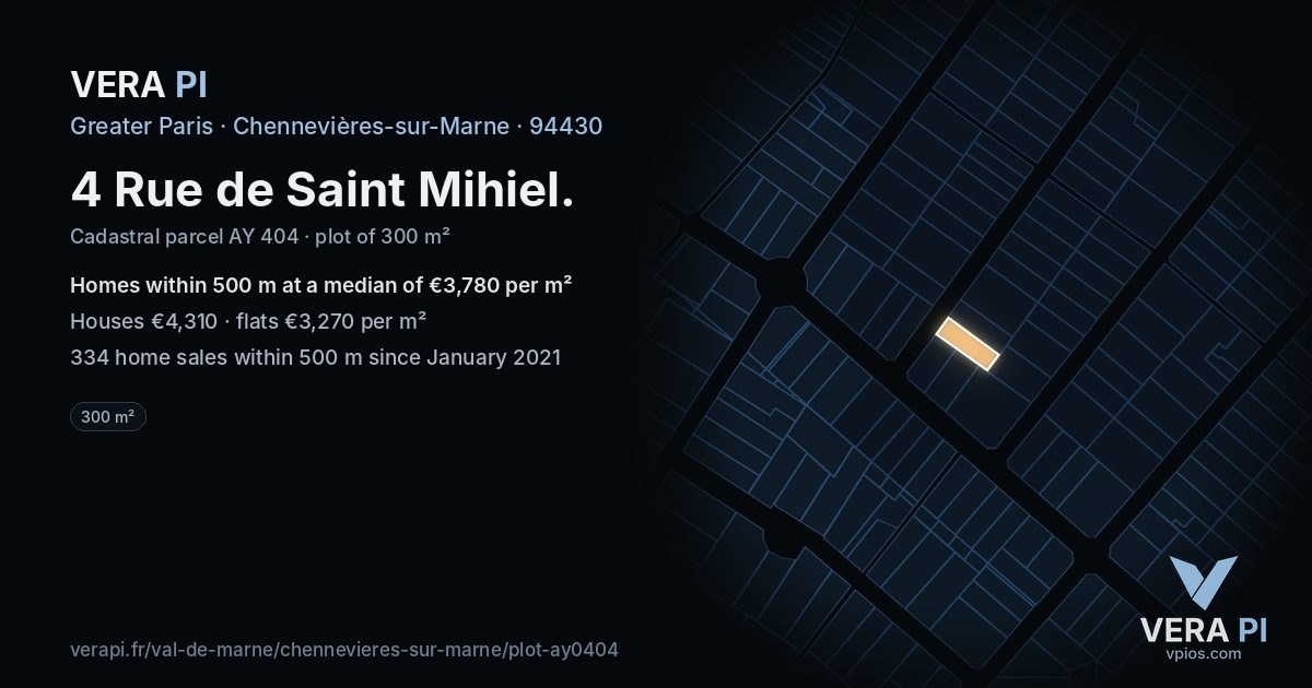 4 Rue de Saint Mihiel, Chennevières-sur-Marne at night – the plot lit, the parcels around coloured by the prices near them