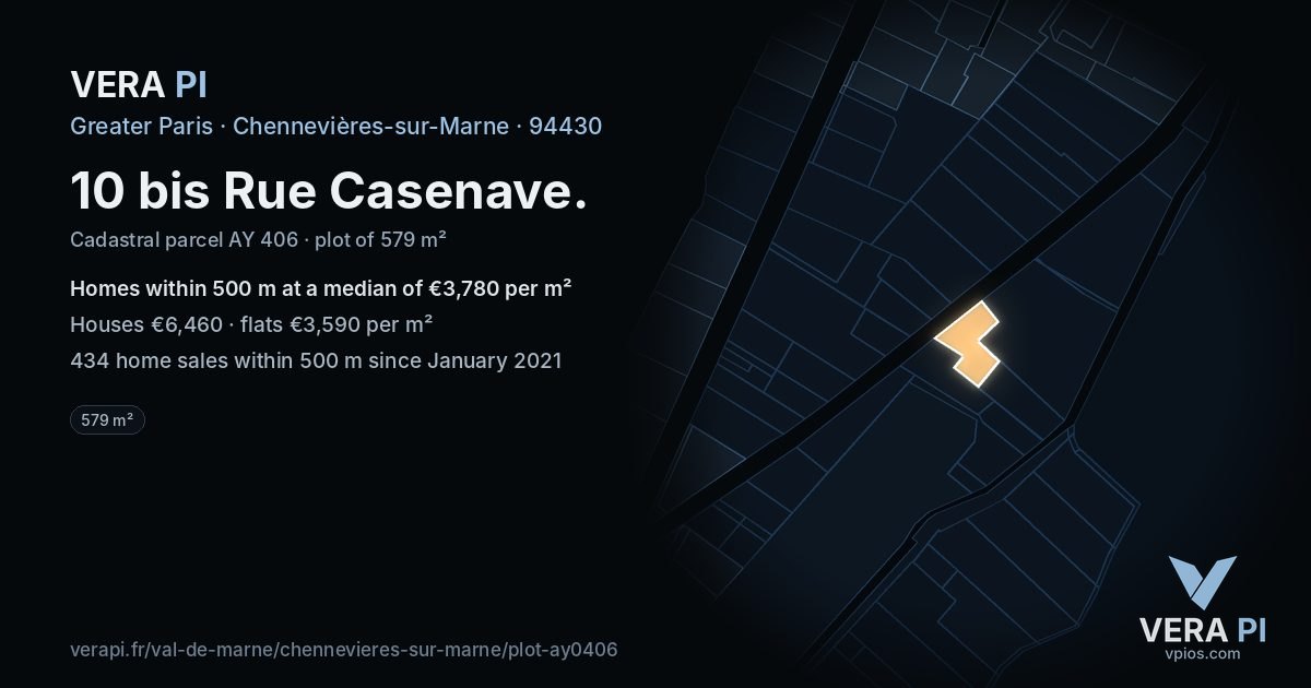 10 bis Rue Casenave, Chennevières-sur-Marne at night – the plot lit, the parcels around coloured by the prices near them