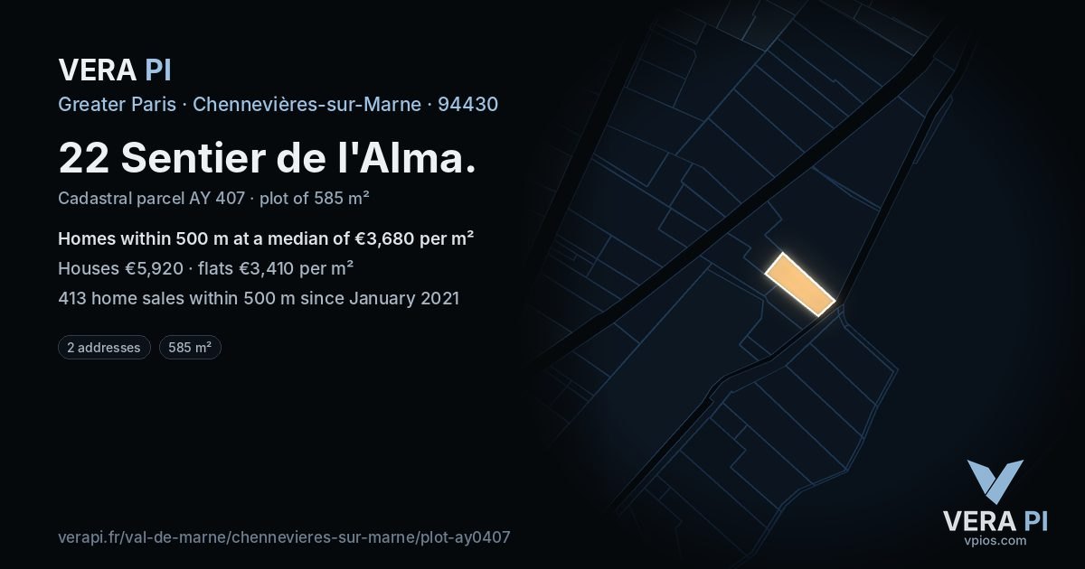 22 Sentier de l'Alma, Chennevières-sur-Marne at night – the plot lit, the parcels around coloured by the prices near them