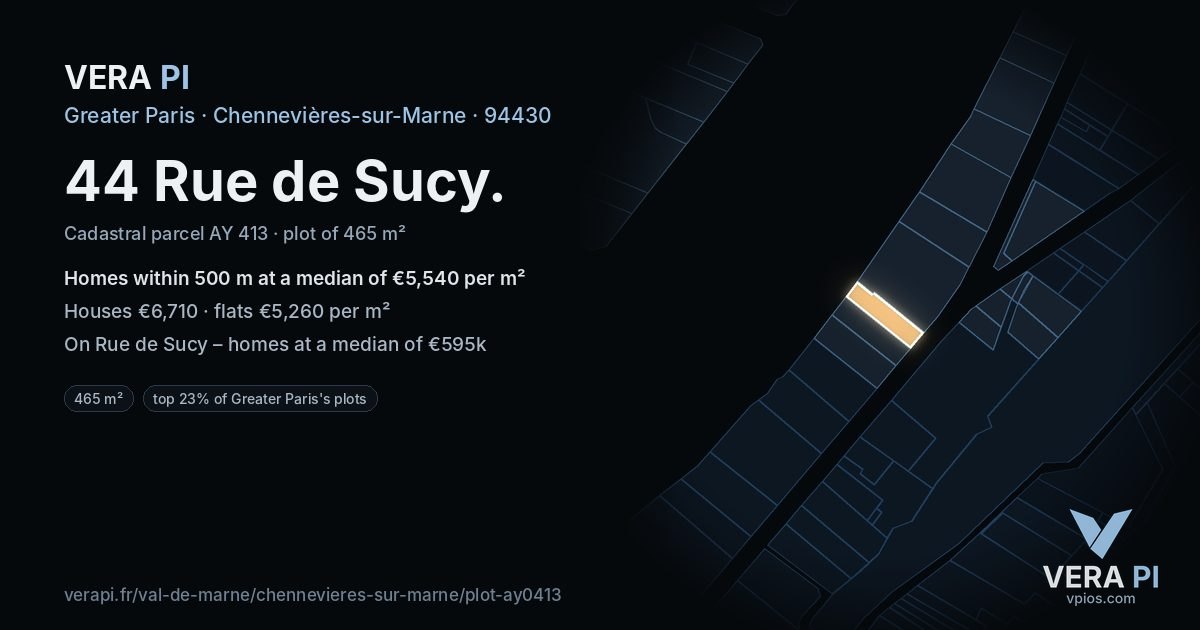 44 Rue de Sucy, Chennevières-sur-Marne at night – the plot lit, the parcels around coloured by the prices near them