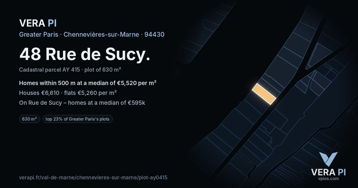 48 Rue de Sucy, Chennevières-sur-Marne at night – the plot lit, the parcels around coloured by the prices near them