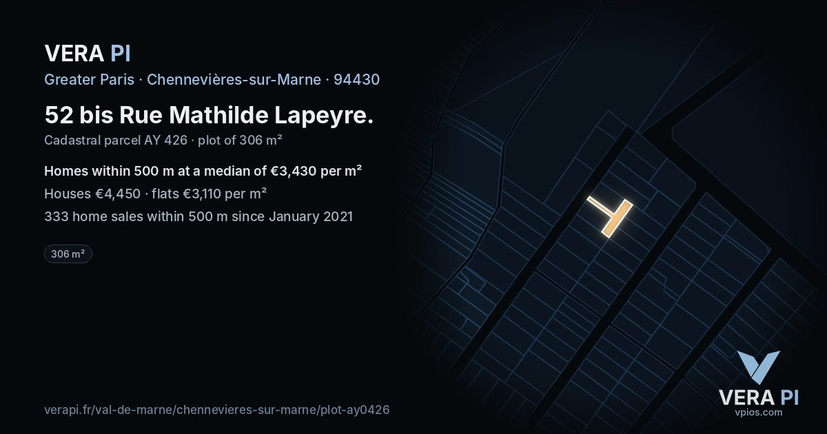 52 bis Rue Mathilde Lapeyre, Chennevières-sur-Marne at night – the plot lit, the parcels around coloured by the prices near them