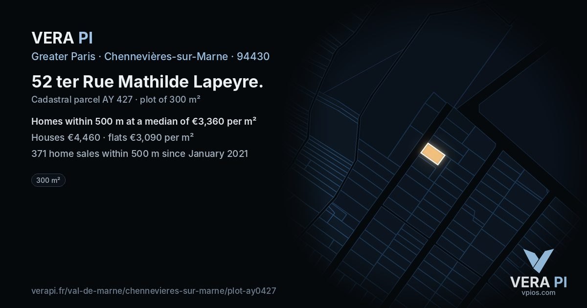 52 ter Rue Mathilde Lapeyre, Chennevières-sur-Marne at night – the plot lit, the parcels around coloured by the prices near them