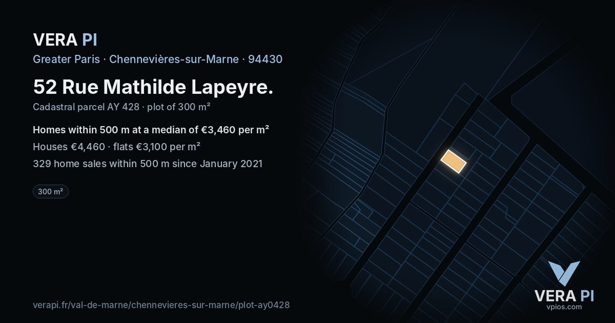 52 Rue Mathilde Lapeyre, Chennevières-sur-Marne at night – the plot lit, the parcels around coloured by the prices near them