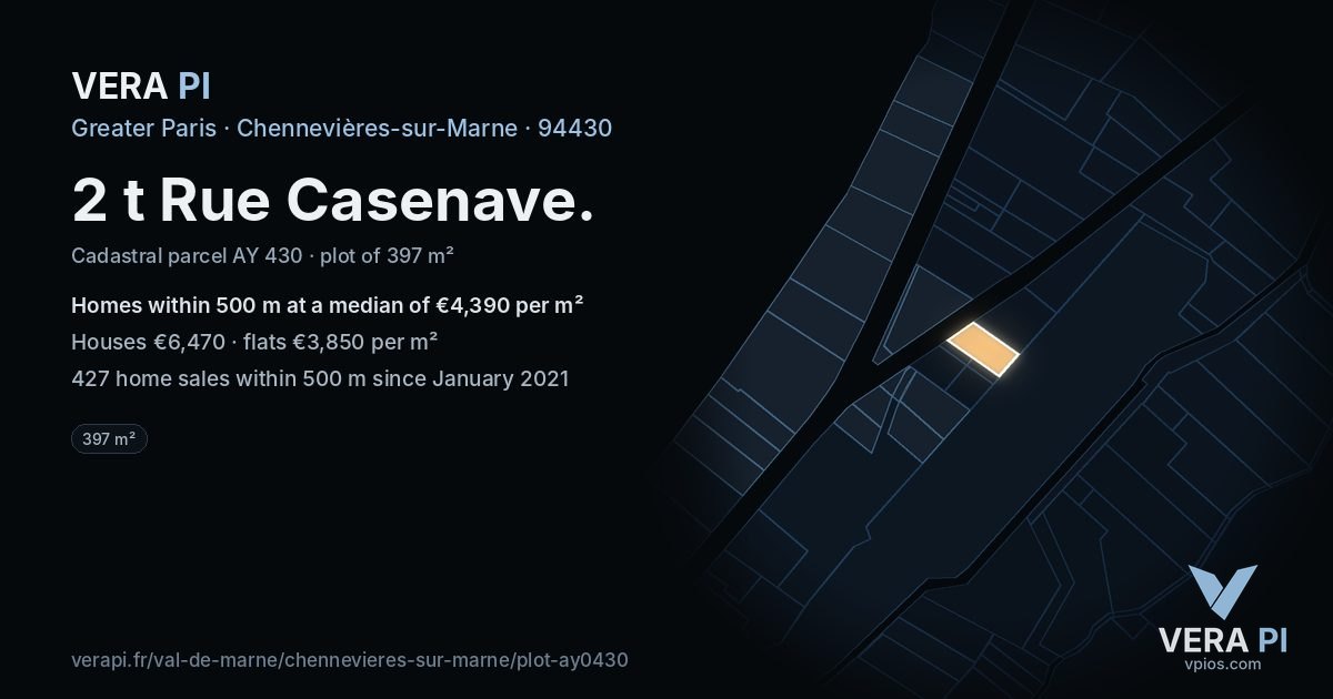2 t Rue Casenave, Chennevières-sur-Marne at night – the plot lit, the parcels around coloured by the prices near them