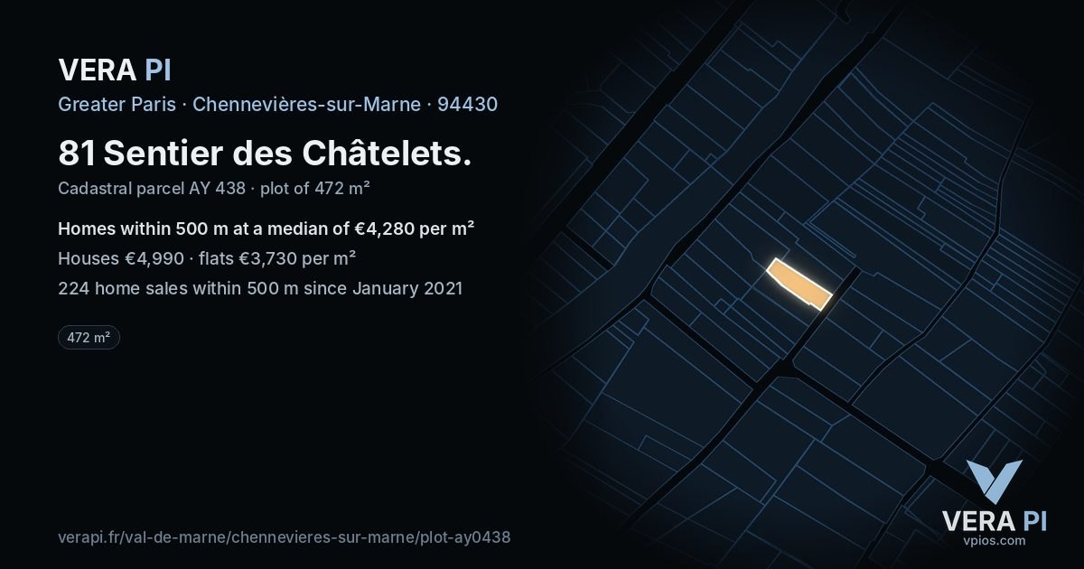 81 Sentier des Châtelets, Chennevières-sur-Marne at night – the plot lit, the parcels around coloured by the prices near them