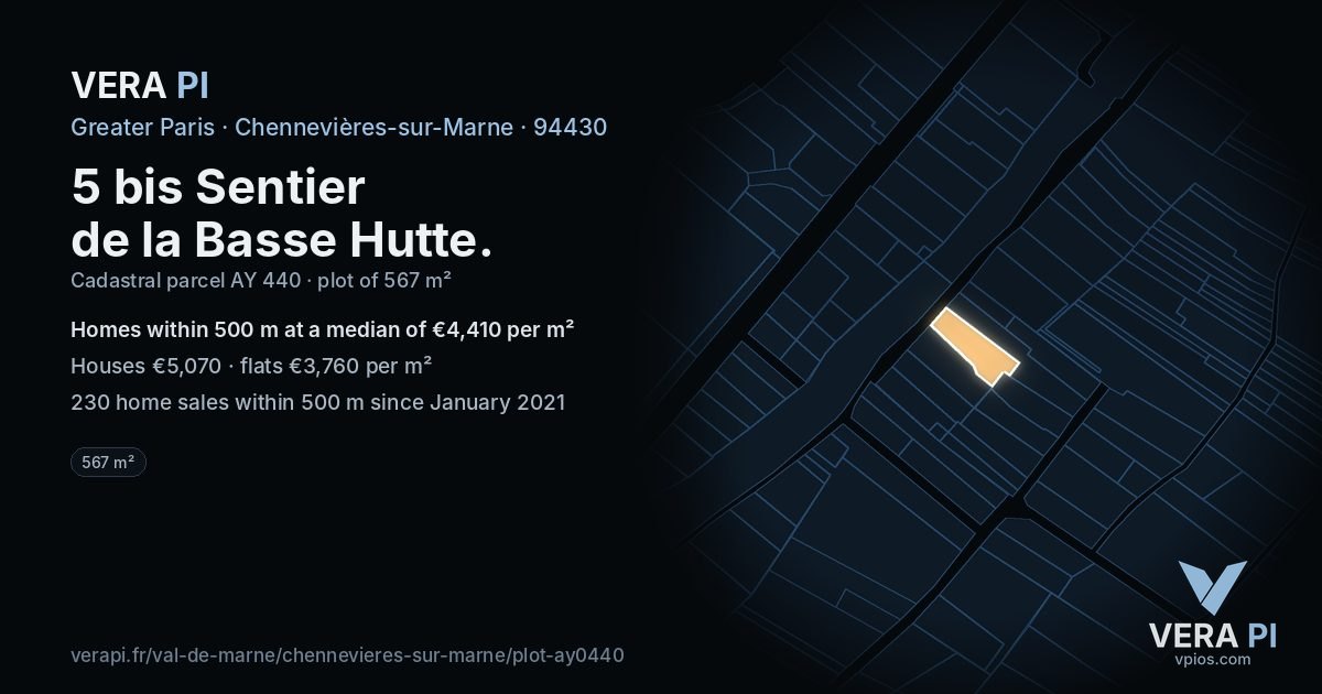 5 bis Sentier de la Basse Hutte, Chennevières-sur-Marne at night – the plot lit, the parcels around coloured by the prices near them