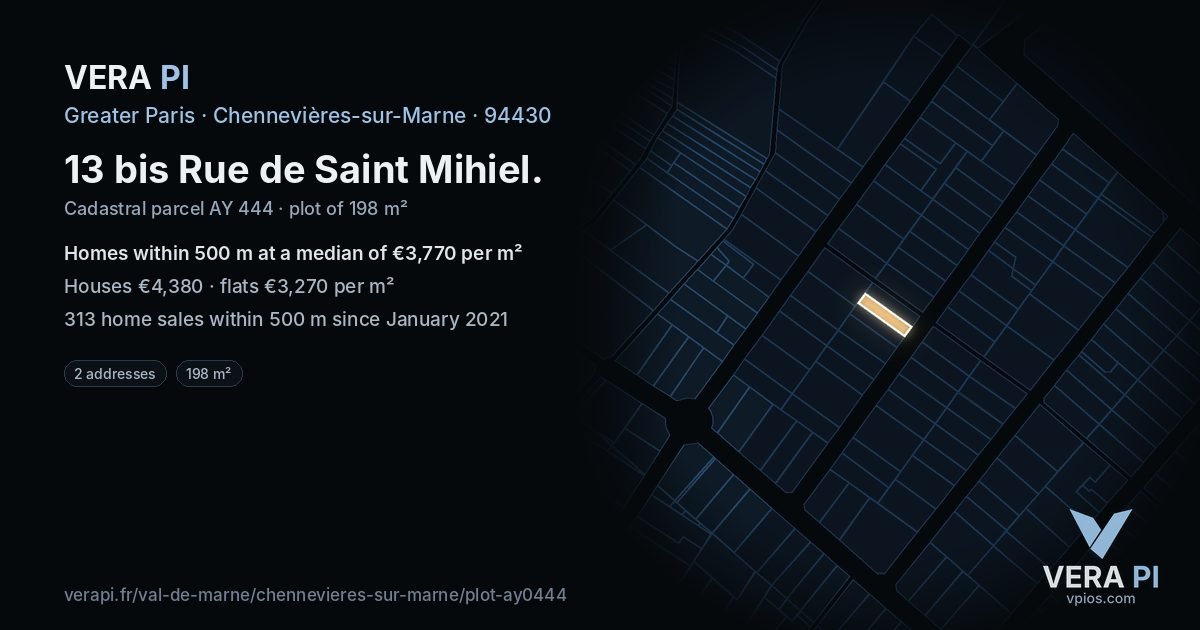 13 bis Rue de Saint Mihiel, Chennevières-sur-Marne at night – the plot lit, the parcels around coloured by the prices near them