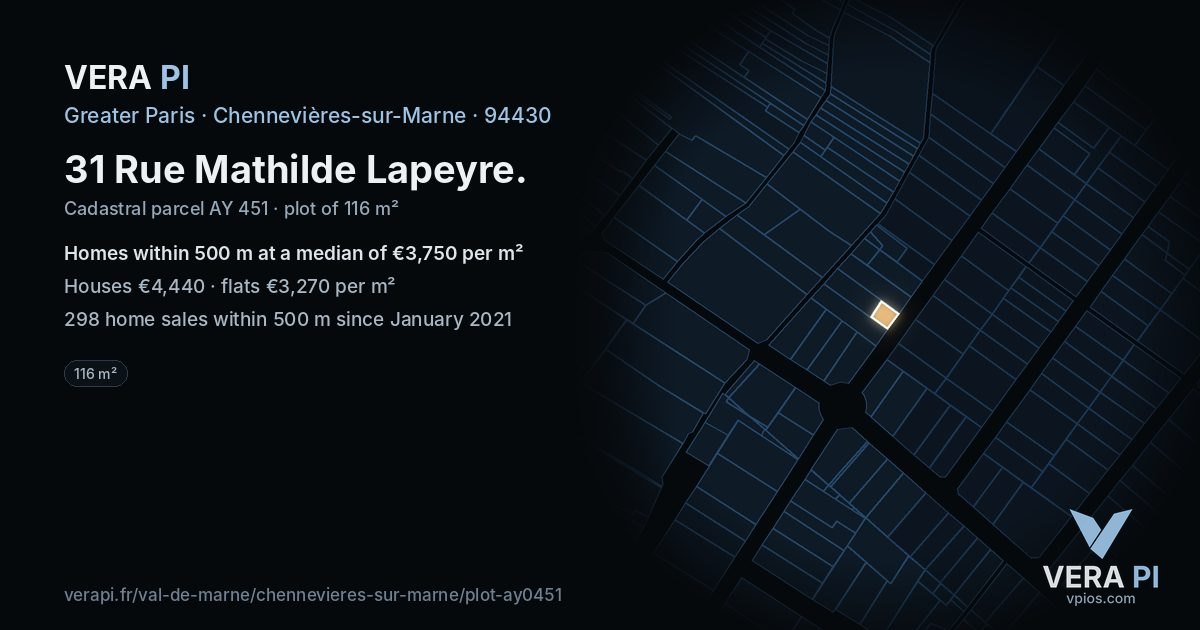 31 Rue Mathilde Lapeyre, Chennevières-sur-Marne at night – the plot lit, the parcels around coloured by the prices near them