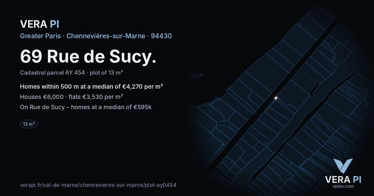 69 Rue de Sucy, Chennevières-sur-Marne at night – the plot lit, the parcels around coloured by the prices near them
