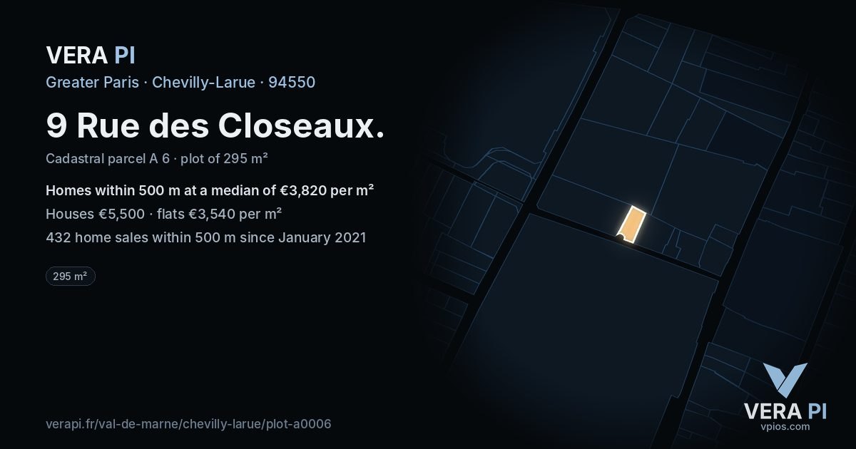 9 Rue des Closeaux, Chevilly-Larue at night – the plot lit, the parcels around coloured by the prices near them