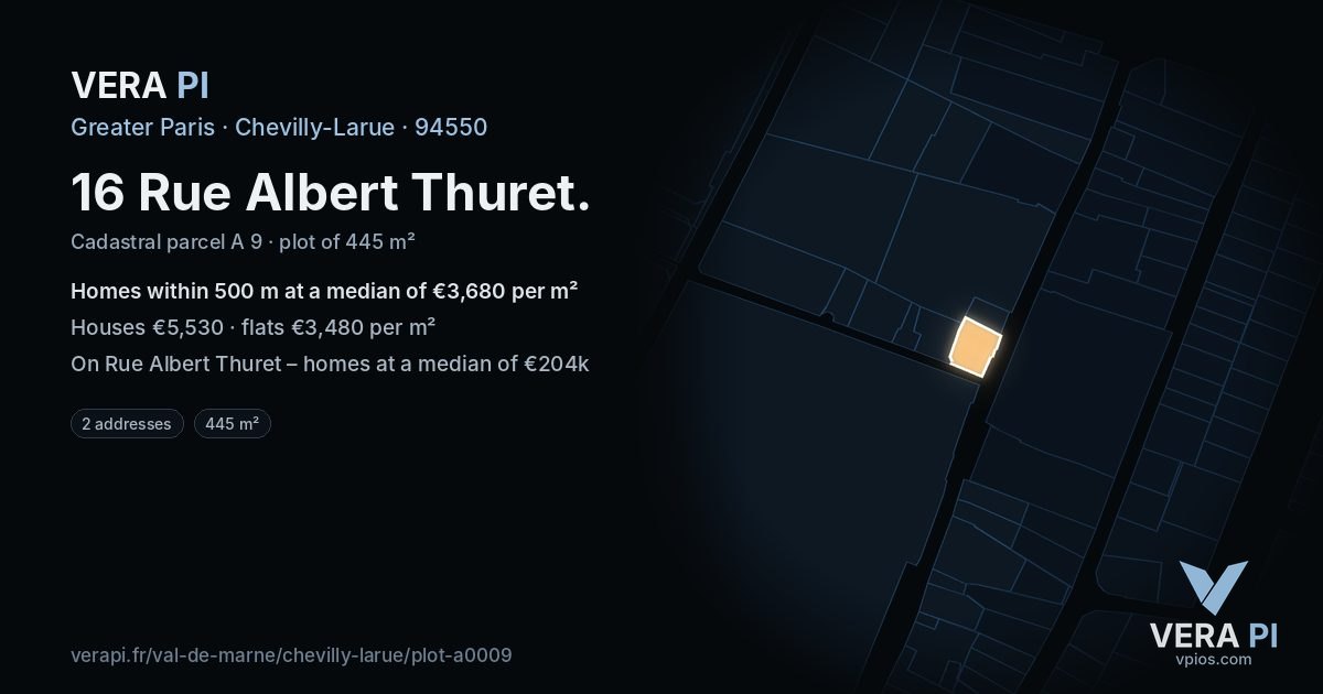 16 Rue Albert Thuret, Chevilly-Larue at night – the plot lit, the parcels around coloured by the prices near them