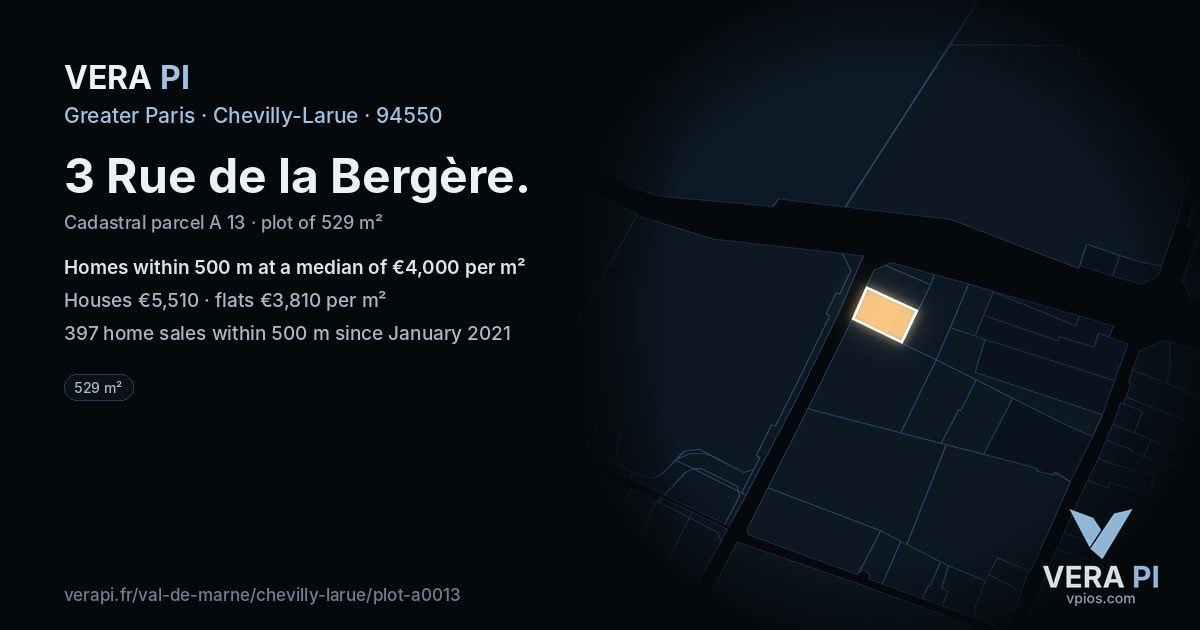 3 Rue de la Bergère, Chevilly-Larue at night – the plot lit, the parcels around coloured by the prices near them