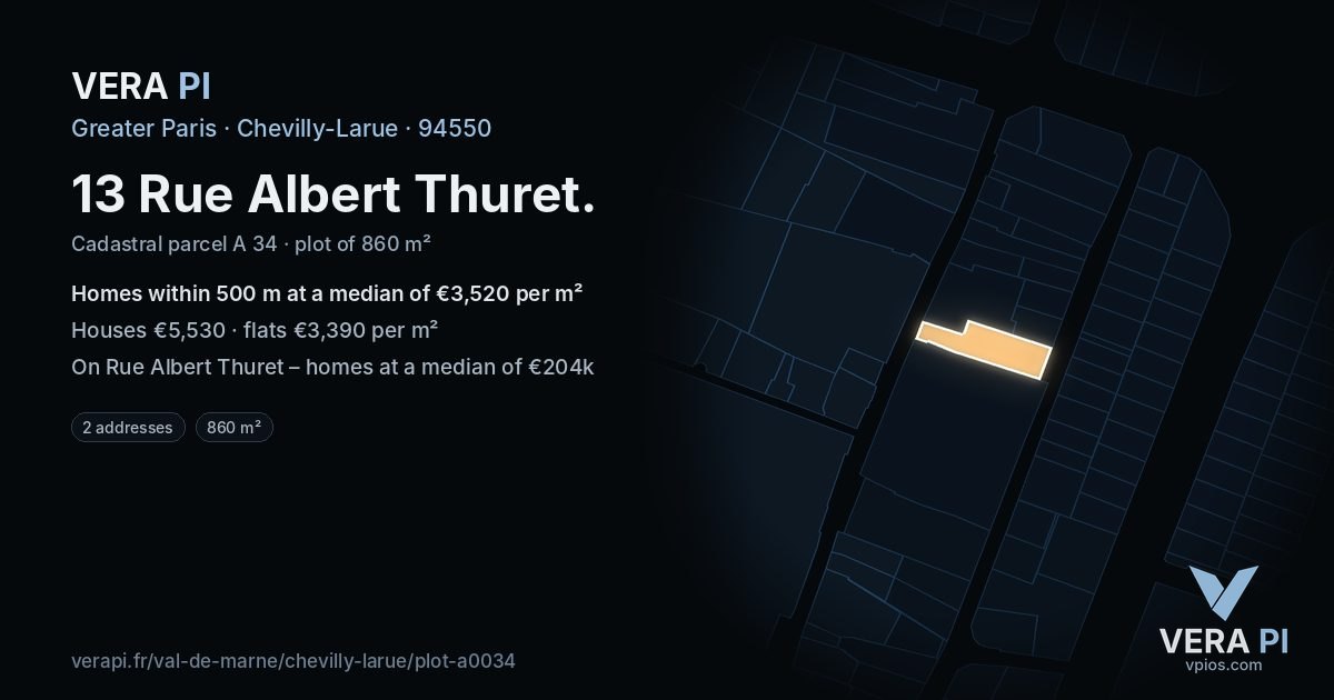 13 Rue Albert Thuret, Chevilly-Larue at night – the plot lit, the parcels around coloured by the prices near them