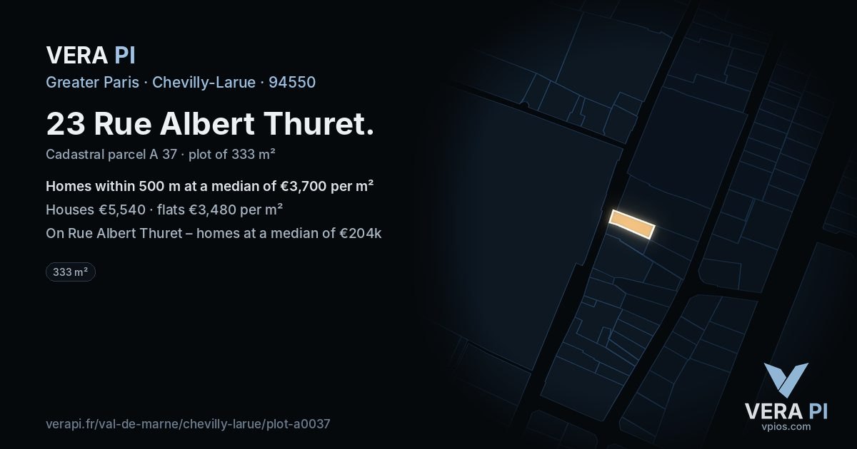 23 Rue Albert Thuret, Chevilly-Larue at night – the plot lit, the parcels around coloured by the prices near them