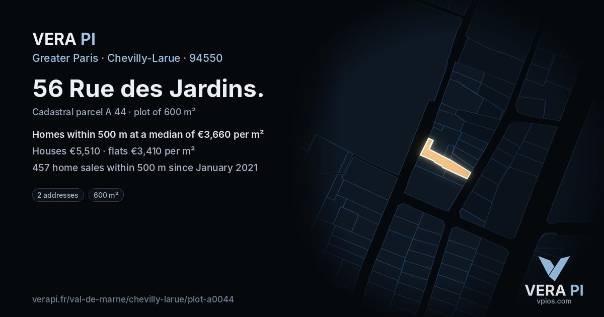 56 Rue des Jardins, Chevilly-Larue at night – the plot lit, the parcels around coloured by the prices near them