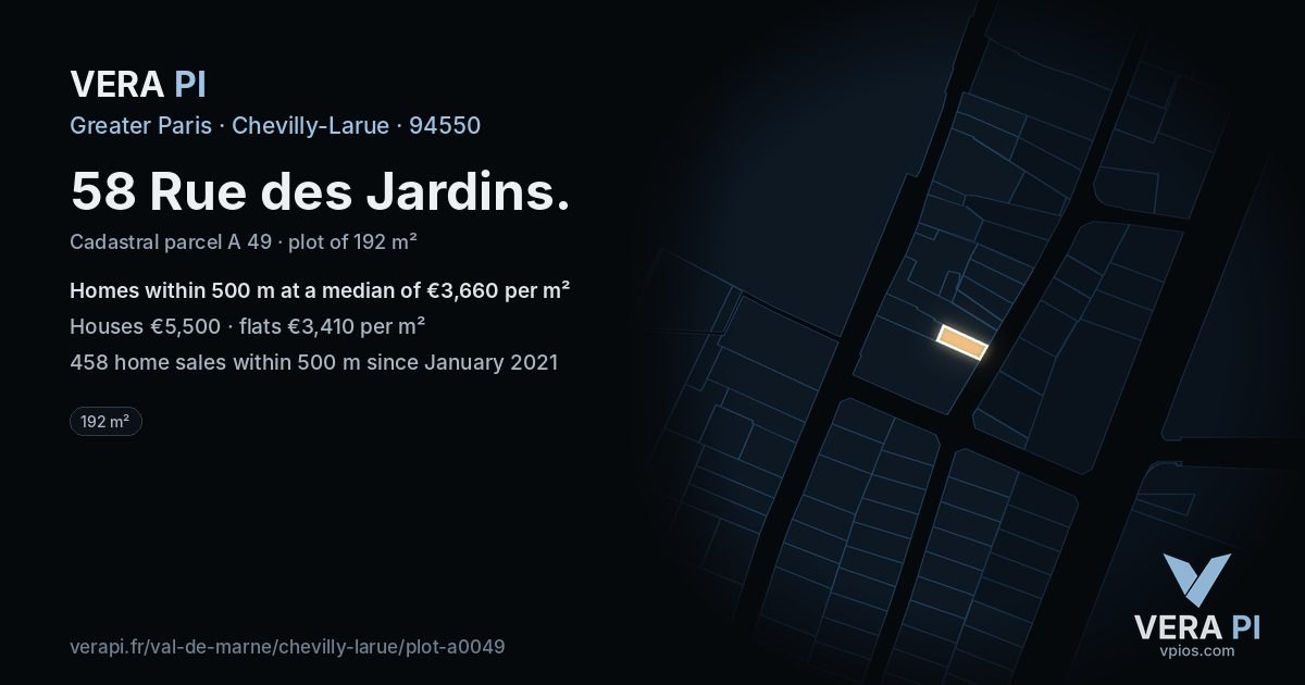 58 Rue des Jardins, Chevilly-Larue at night – the plot lit, the parcels around coloured by the prices near them