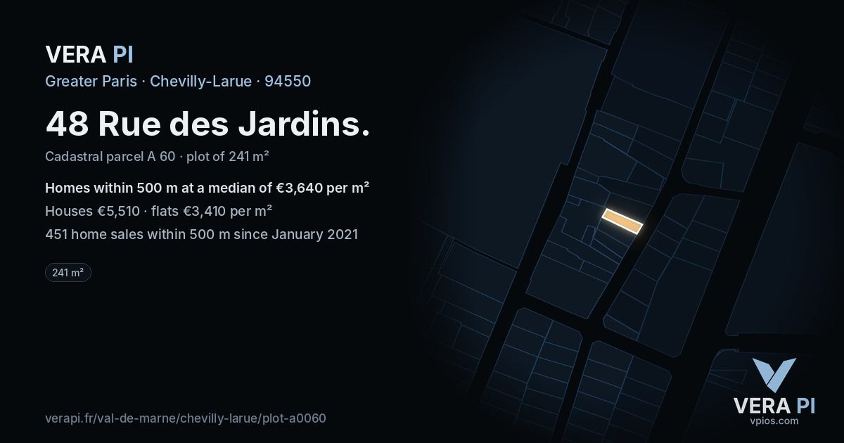 48 Rue des Jardins, Chevilly-Larue at night – the plot lit, the parcels around coloured by the prices near them