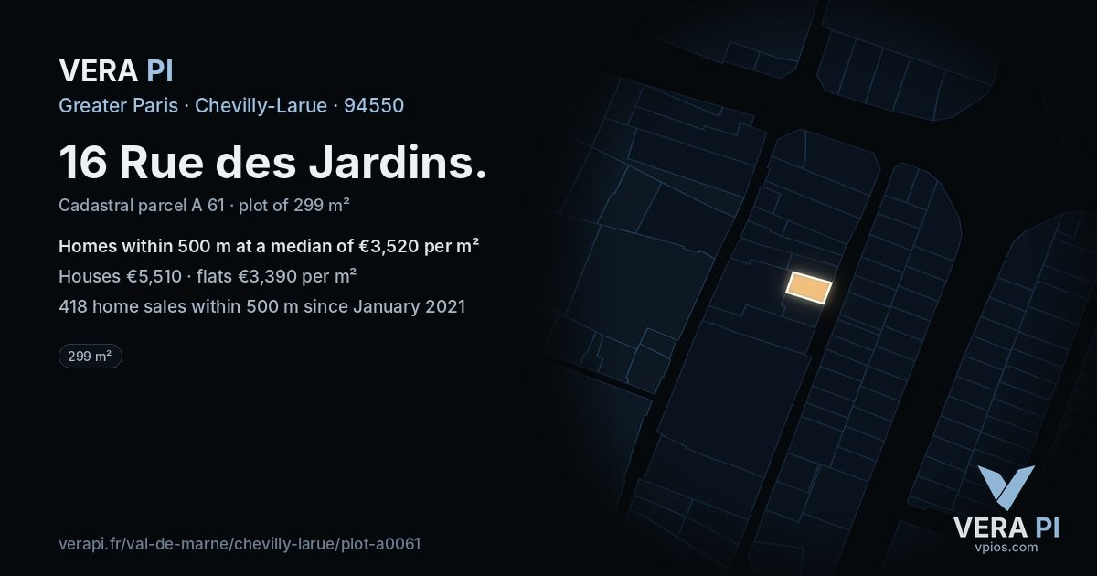 16 Rue des Jardins, Chevilly-Larue at night – the plot lit, the parcels around coloured by the prices near them
