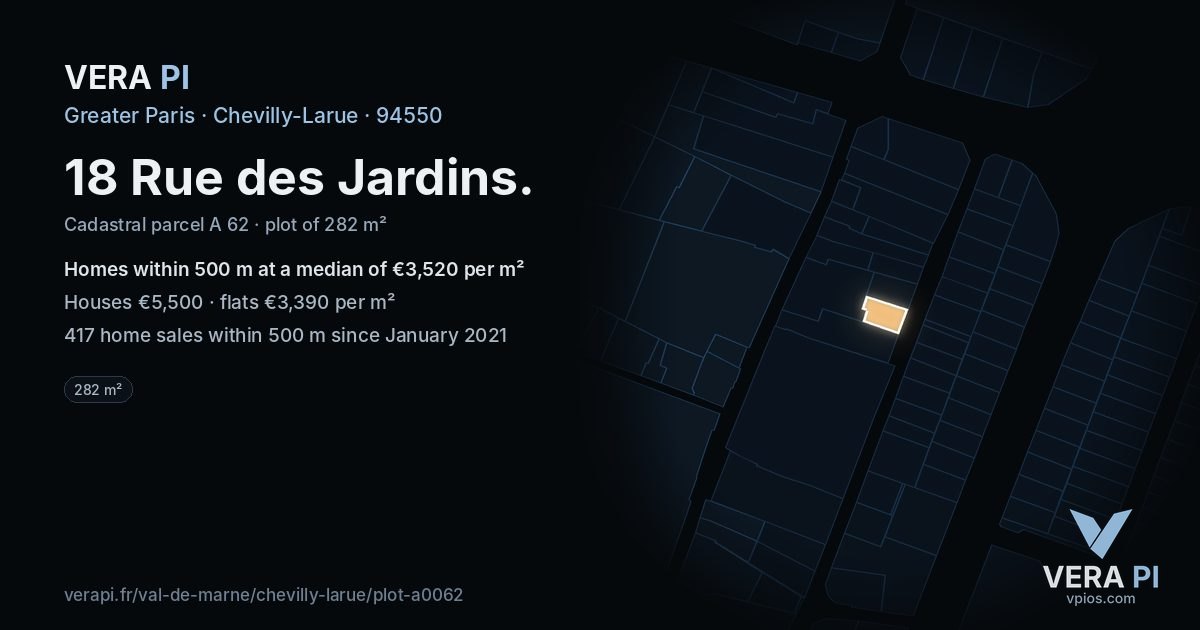 18 Rue des Jardins, Chevilly-Larue at night – the plot lit, the parcels around coloured by the prices near them