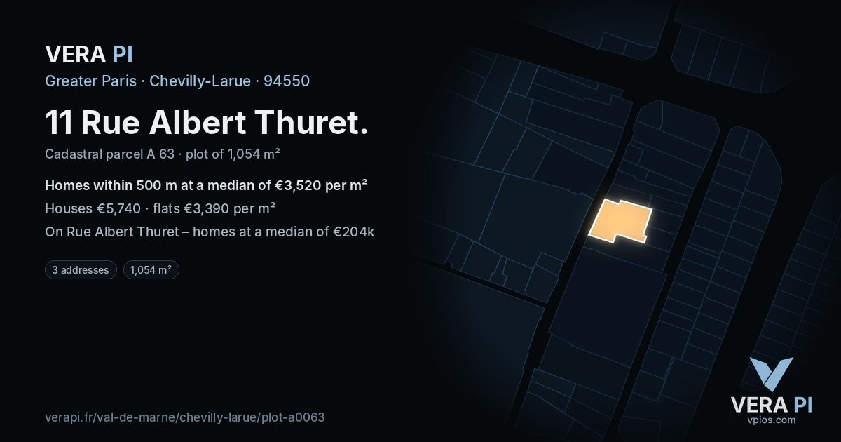 11 Rue Albert Thuret, Chevilly-Larue at night – the plot lit, the parcels around coloured by the prices near them