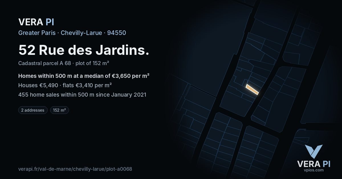52 Rue des Jardins, Chevilly-Larue at night – the plot lit, the parcels around coloured by the prices near them